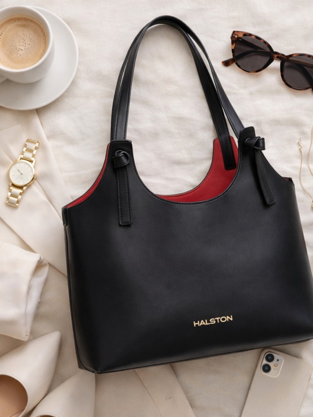 HALSTON Brooke Mini Tote Black Red Interior Shoulder Bag Chic Minimalist - Picture 8 of 13